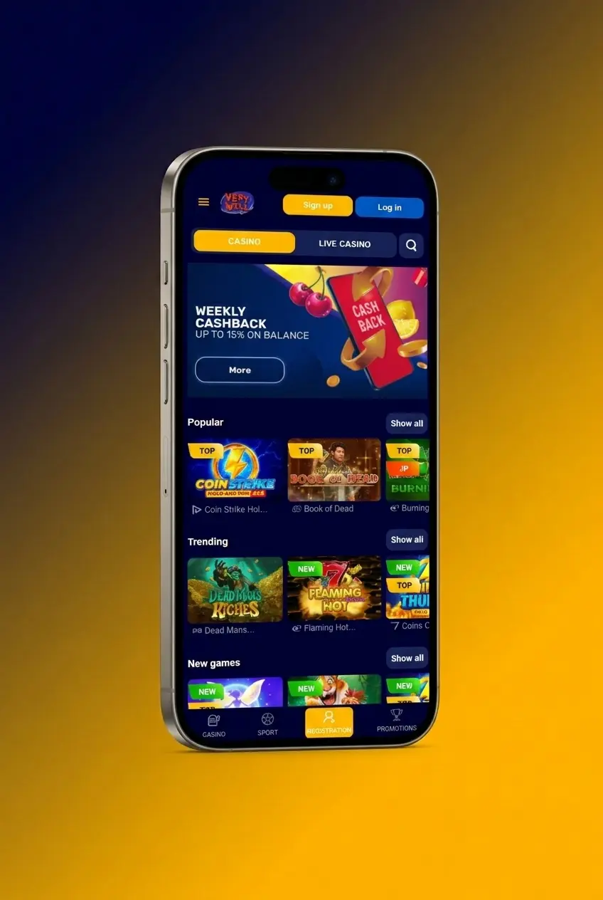 VeryWell app registration screen showing sign-up steps for UK players aged 18 and over via email, phone, or social login
