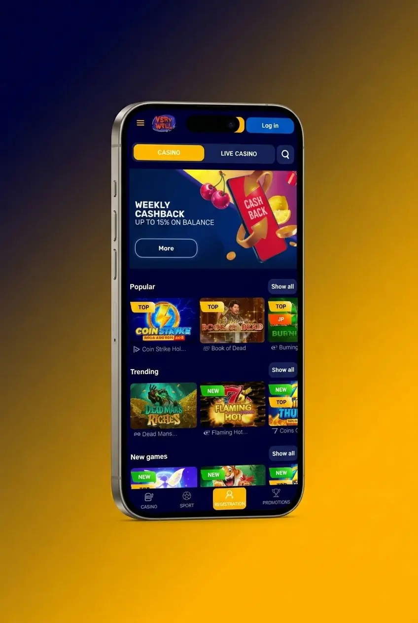 VeryWell app registration screen showing sign-up steps for UK players aged 18 and over via email, phone, or social login