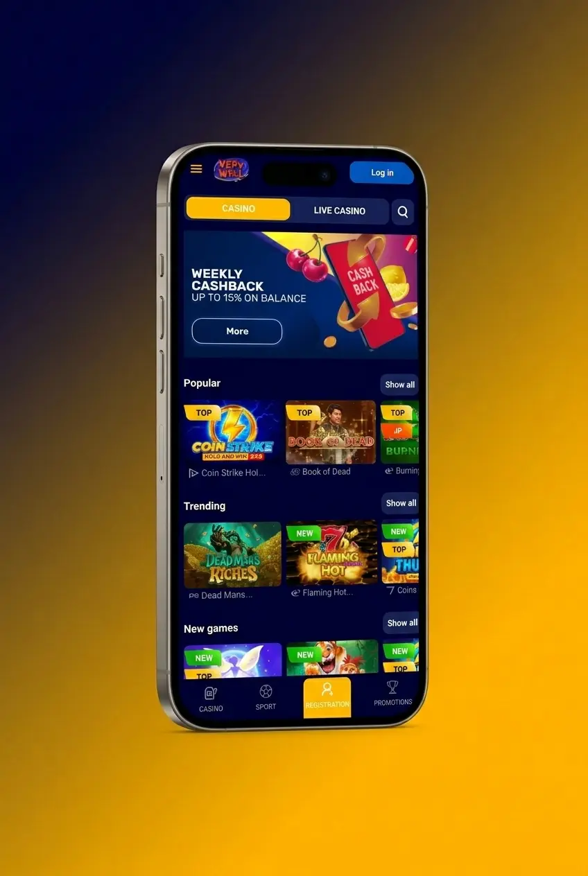 VeryWell app registration screen showing sign-up steps for UK players aged 18 and over via email, phone, or social login