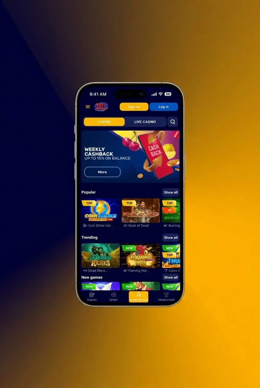 VeryWell Casino sign up form showing step-by-step registration process for UK players on desktop screen